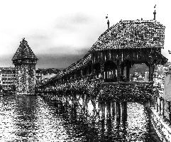 Kapellbrücke in Luzern, Switzerland, europe, switzerland, luzern, kapellbrücke, bridge, lake, wooden, roofed, covered, geraniums, b&w, , tower